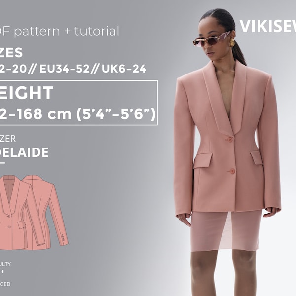 Adelaide Blazer PDF sewing pattern with tutorial, size EU34-EU52 for 162-168 cm height