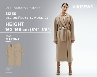 Manteau Martina hauteur 162-168, modèle tailles US 2 - 20, modèle de couture de manteau surdimensionné avec tutoriel