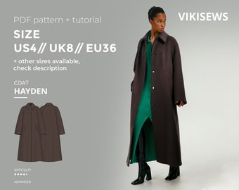 Hayden coat digital pattern pdf sewing pattern with tutorial size US 4 UK 8 EU 36