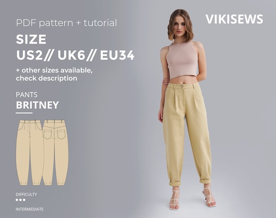 Britney Pants Sewing Pattern With Tutorial Size US 2 UK 6 EU 34