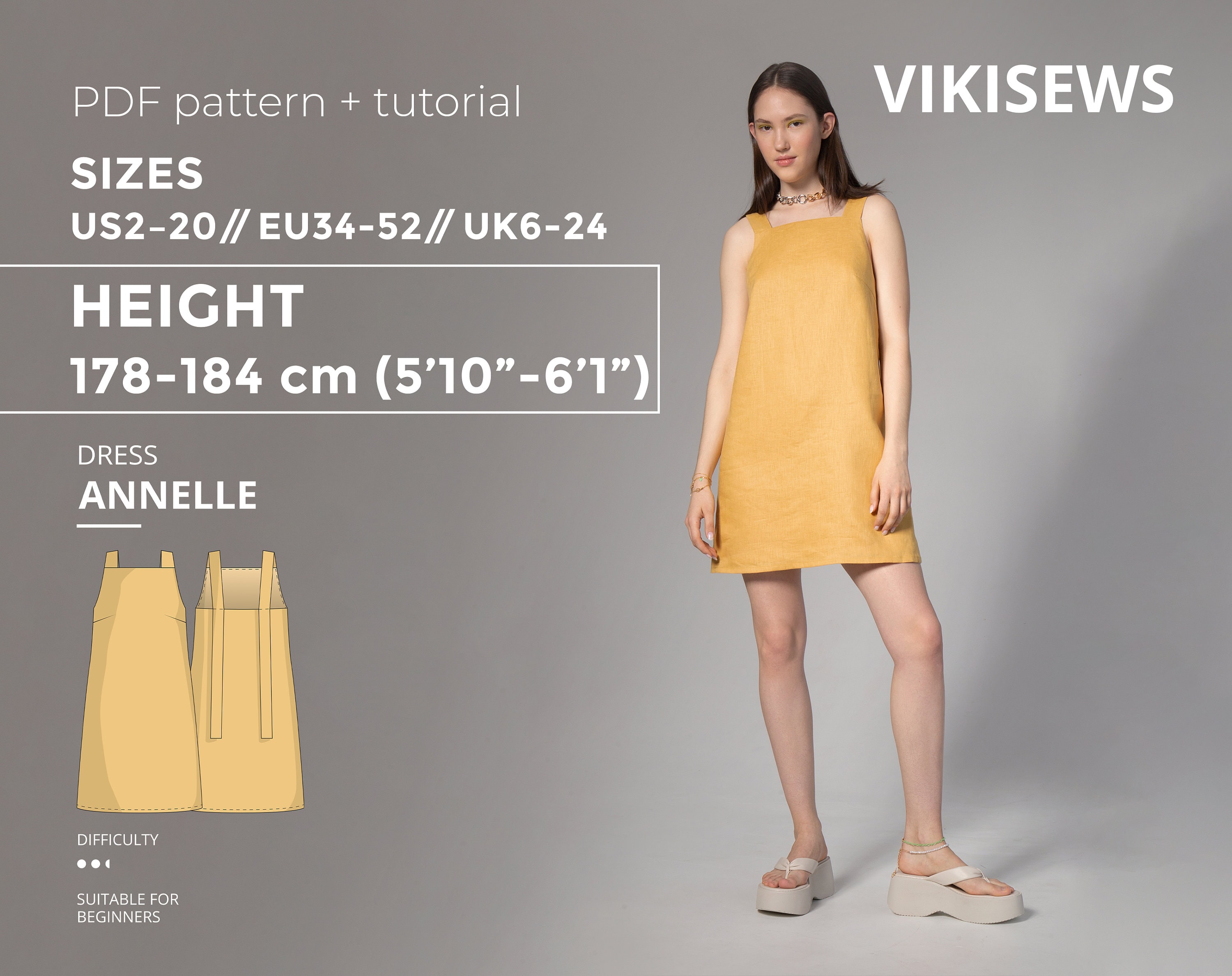 Annelle Kleid 178-184 Höhe US Größen 2 - 20 Schnittmuster, Schnittmuster mit Anleitung