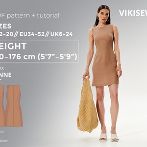Lynne Dress PDF Sewing Pattern US 2–20 | Sleeveless Fitted Dress Height 170–176 Beginner Sewing Pattern