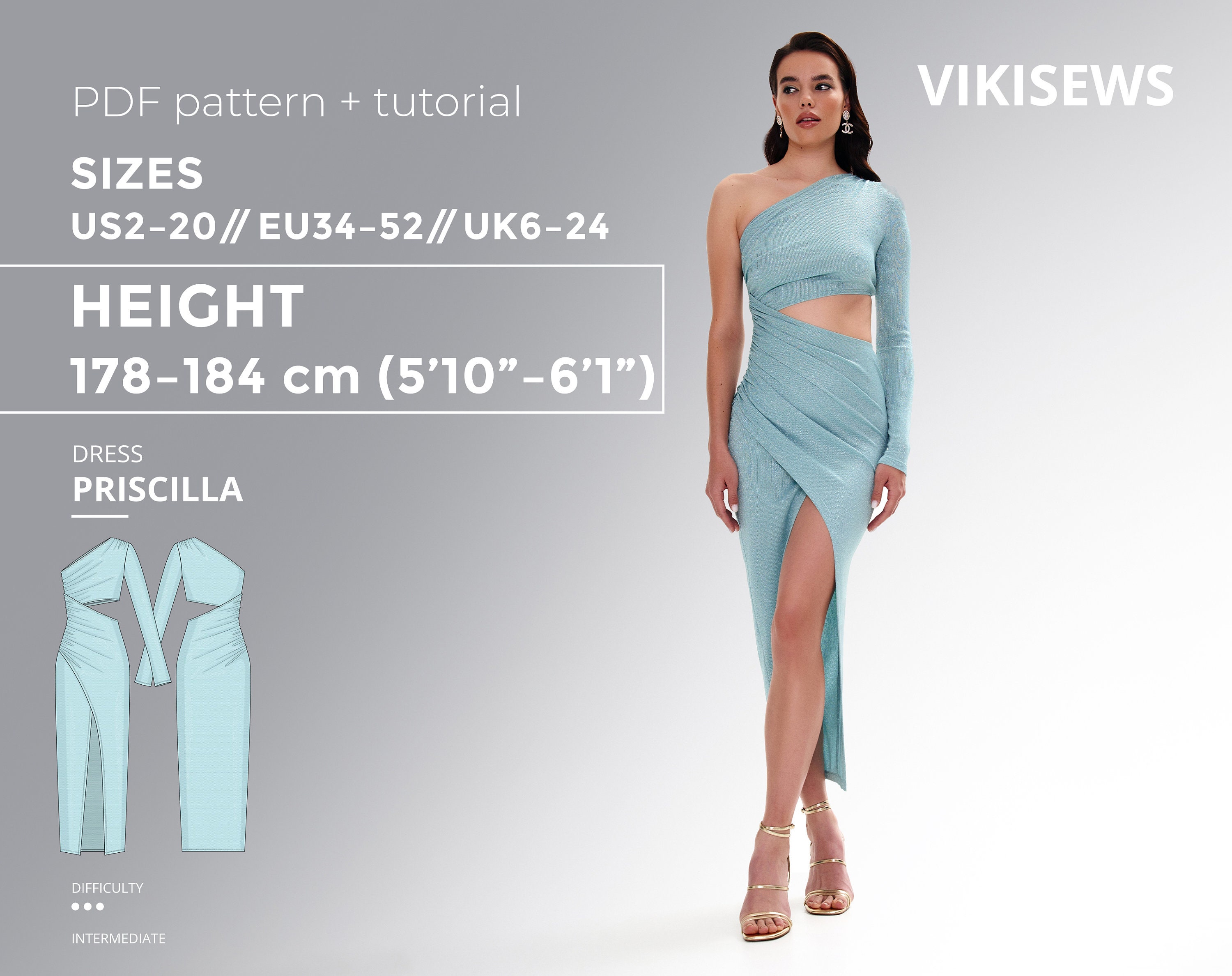 Priscilla Dress PDF sewing pattern with tutorial, size EU34-EU52 for 178-184 cm height