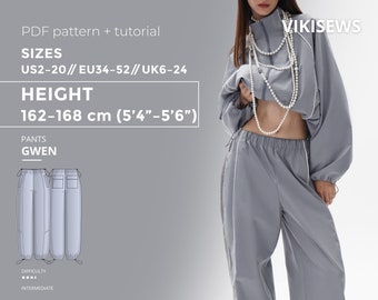 Gwen Pants PDF sewing pattern with tutorial, size EU34-EU52 for 162-168 cm height