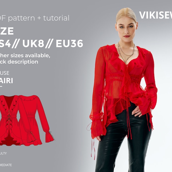 Tsairi blouse sewing pattern with tutorial, ruffle blouse sewing pattern, size US 4 UK 8 EU 36
