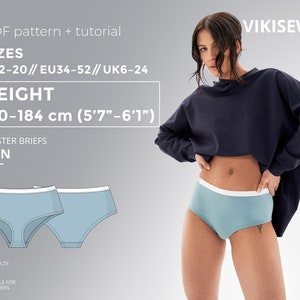 May include: A PDF pattern and tutorial for making hipster briefs. The pattern is suitable for beginners and includes sizes US 2-20, EU 34-52, and UK 6-24. The pattern is designed for people who are 5'7" to 6'1" tall.