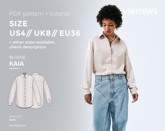 Patrón digital blusa Kaia patrón de costura pdf con tutorial tamaño US 4 UK 8 EU 36