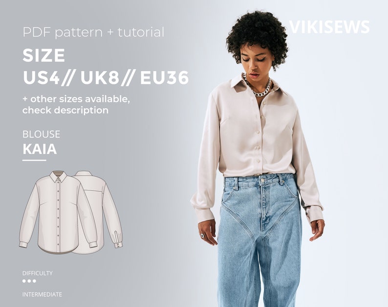 Kaia blouse digital pattern pdf sewing pattern with tutorial size US 4 UK 8 EU 36 image 1