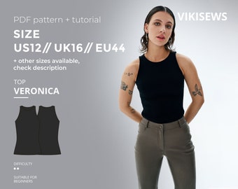 Veronica top with halter neckline sewing pattern with tutorial size US 12 UK 16 EU 44