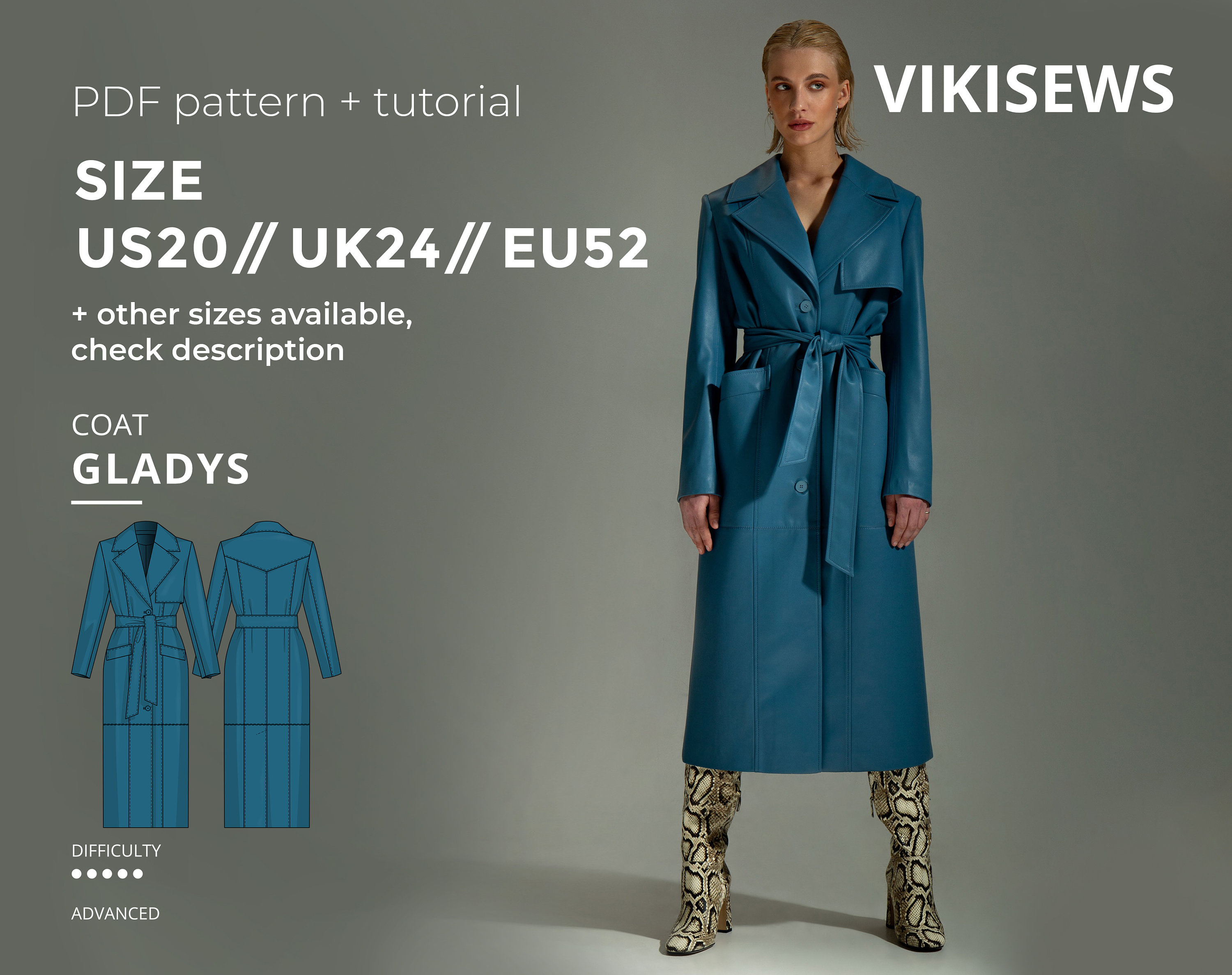 Gladys coat pattern with pdf tutorial size US 20 UK 24 EU 52