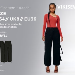 Deryll trousers pattern with pdf tutorial, cargo pants sewing pattern US 4 UK 8 EU 36