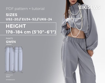 Gwen Pants PDF sewing pattern with tutorial, size EU34-EU52 for 178-184 cm height