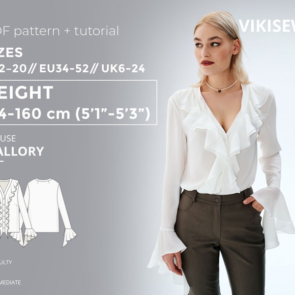 Patrón de blusa con volantes Mallory 154-160 altura tallas 2 a 20 de EE. UU., patrón de costura de blusa de manga larga con tutorial