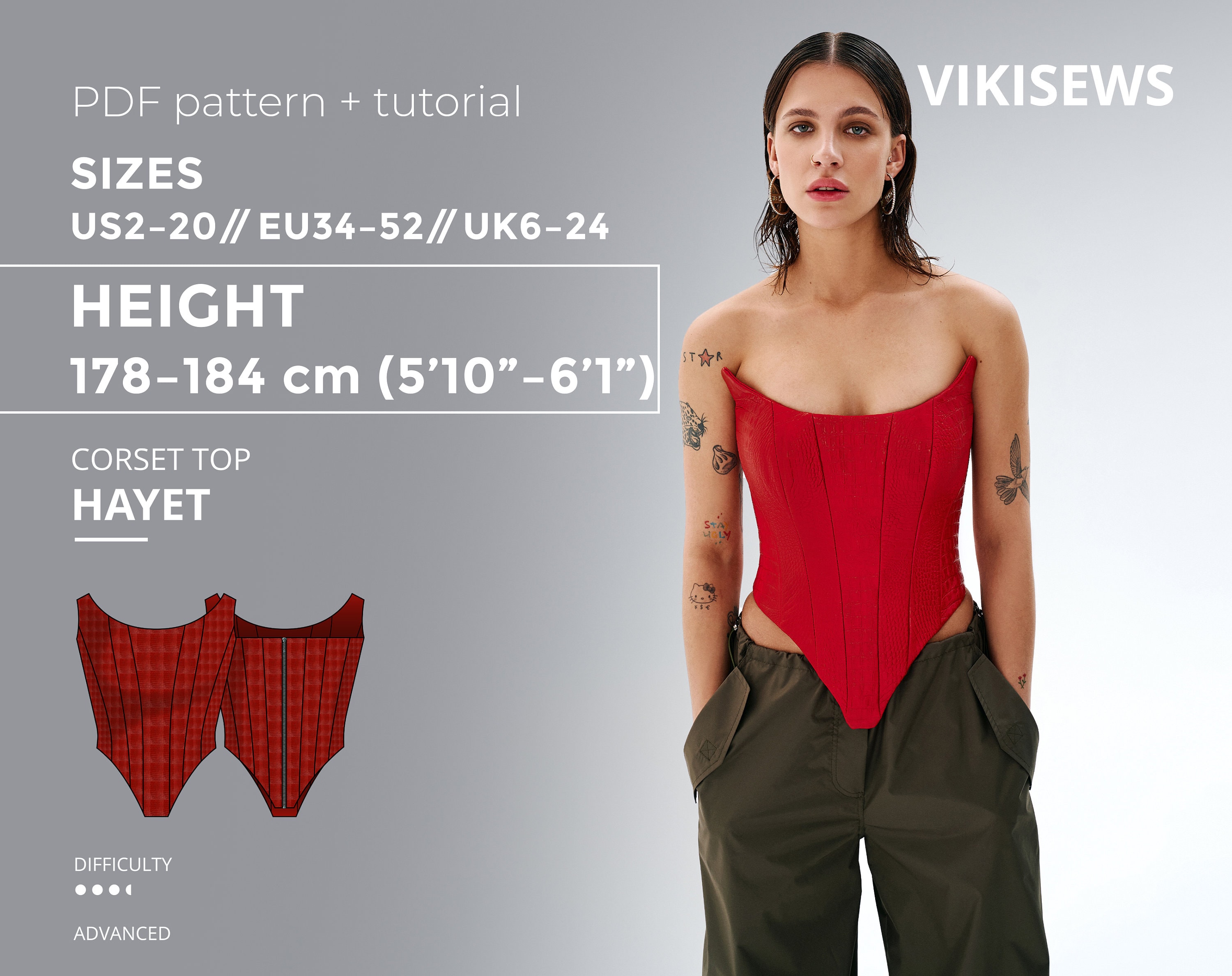 Hayet corset top 178-184 height US sizes 2 - 20 pattern, princess corset top sewing pattern with tutorial