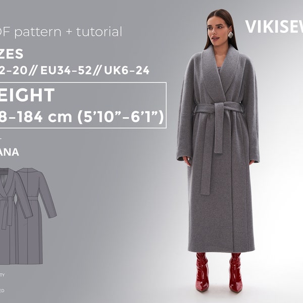 Patron de couture PDF Saana Coat avec tutoriel, taille EU34-EU52 pour 178-184 cm de hauteur