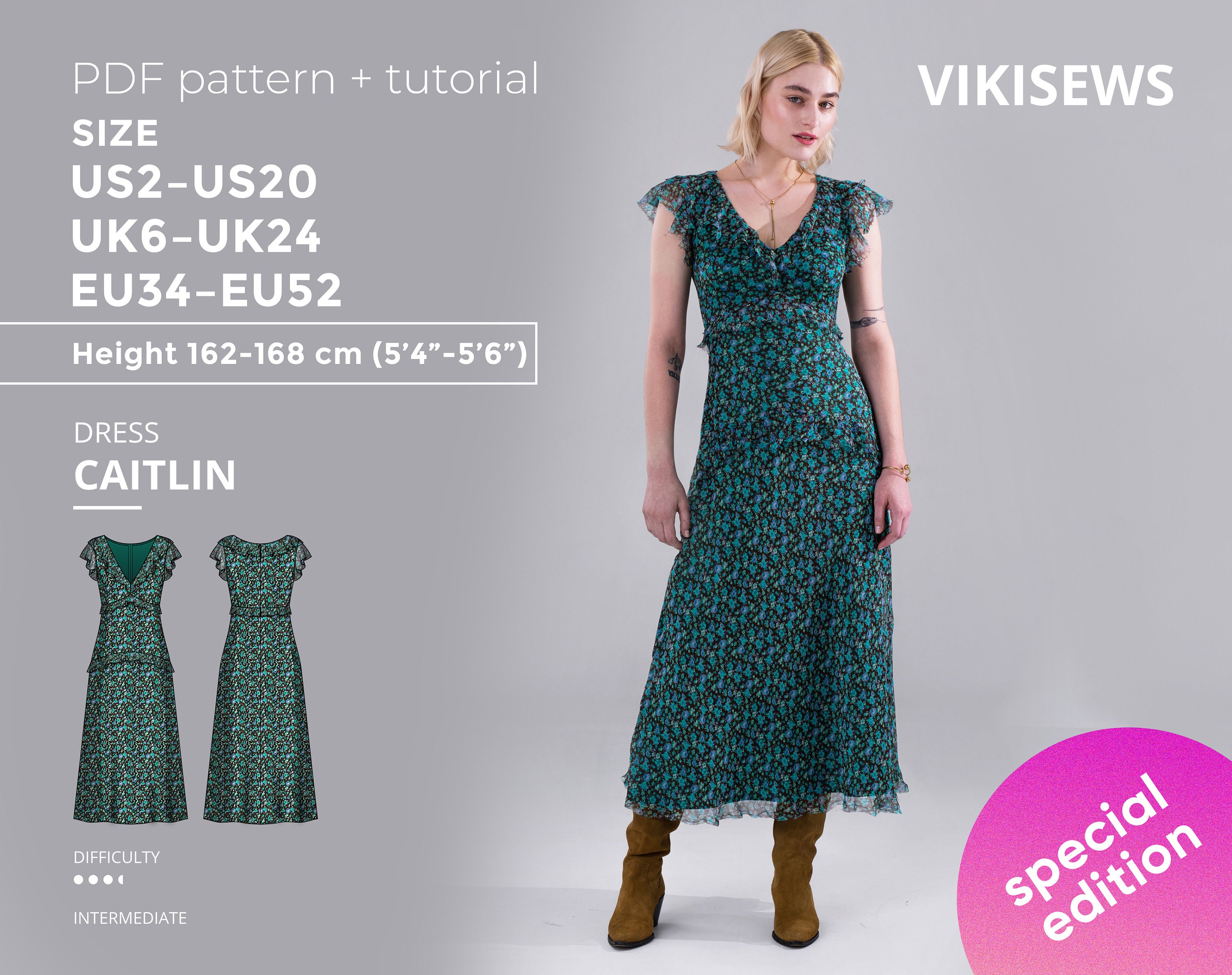 Caitlin dress 162-168 height US size 2 - 20 sewing pattern with tutorial