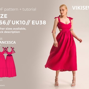 May include: A digital PDF sewing pattern for a pink dress with a cutout back. The pattern is for size UK 10, US 6, EU 38. The pattern is called "Francesca" and is labeled as intermediate difficulty.