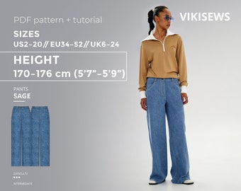 Sage Pants PDF sewing pattern with tutorial, size EU34-EU52 for 170-176 cm height