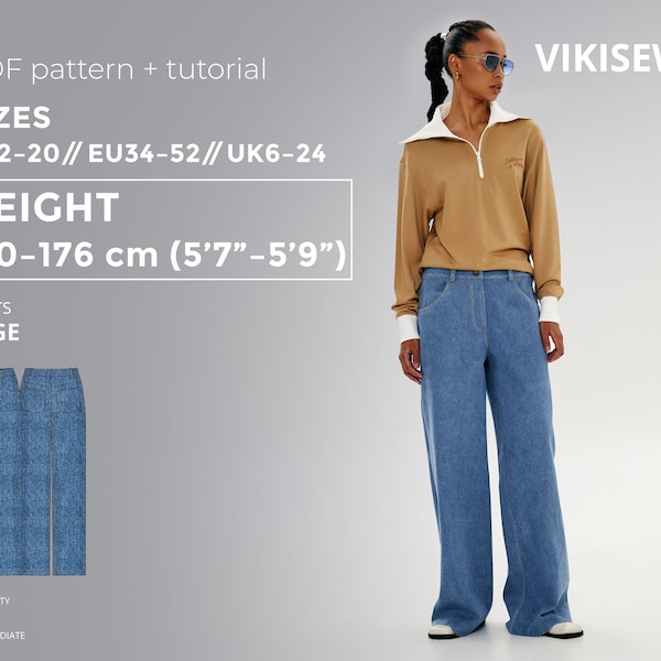 Sage Pants PDF sewing pattern with tutorial, size EU34-EU52 for 170-176 cm height