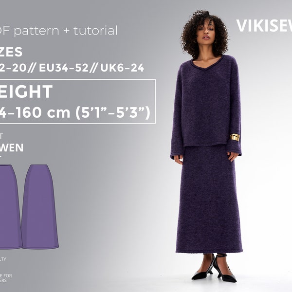 Patron de couture PDF Jupe Arwen avec tutoriel, taille EU34-EU52 pour 154-160 cm de hauteur