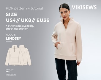 Lindsey Hoodie with front zip sewing pattern with tutorial size Size US 4 UK 8 EU 36