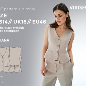 Liliana Vest Sewing Pattern US 14 UK 18 EU 46 |  Fitted Vest Sewing Pattern Button Front Vest Pattern Printable Pattern diy Apparel