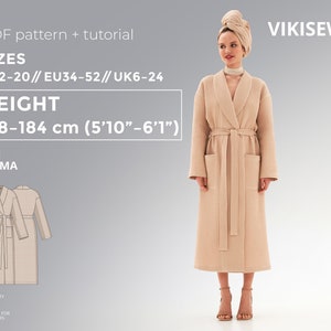 May include: A beige waffle weave robe with a shawl collar, long sleeves, and a tie belt. The robe is shown on a model with a height of 5'10" to 6'1". The text "VIKISEWS" is in the upper right corner of the image. The text "PDF pattern + tutorial" is in the upper left corner of the image. The text "SIZES US2-20//EU34-52// UK6-24" is below the text "PDF pattern + tutorial". The text "HEIGHT 178-184 cm (5'10"-6'1")" is below the text "SIZES". The text "ROBE HILMA" is below the text "HEIGHT". The text "DIFFICULTY" is below the text "ROBE HILMA". The text "SUITABLE FOR BEGINNERS" is below the text "DIFFICULTY".