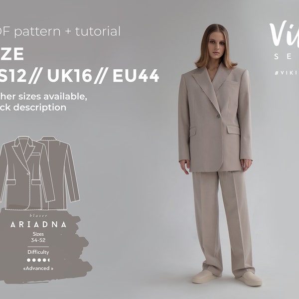 Veste blazer Ariadna en motif de couture de style masculin avec tutoriel taille US 12 UK 16 EU 44