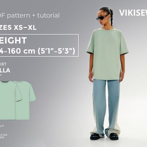 May include: A light green T-shirt with short sleeves and a crew neck, paired with light blue jeans. The image includes text: "PDF pattern + tutorial", "SIZES XS-XL", "HEIGHT 154-160 cm (5'1"-5'3")", and "T-SHIRT GELLA". The difficulty level is suitable for beginners.