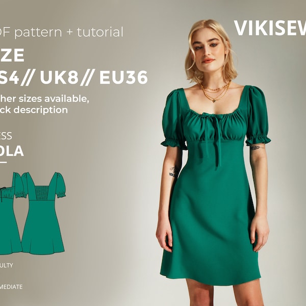 Nola short summer dress sewing pattern with tutorial  size US 4 UK 8 EU 36
