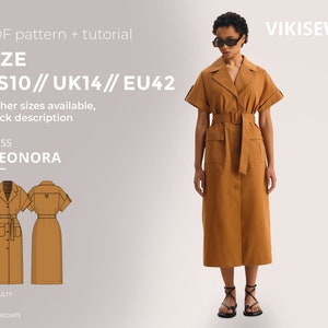 May include: A PDF sewing pattern and tutorial for a brown midi dress with a collared neckline, short sleeves, and a belt. The dress is called "Eleonora" and is available in size US10, UK14, and EU42. The difficulty level is intermediate.