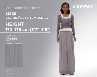 Kristen Trousers PDF sewing pattern with tutorial, size EU34-EU52 for 170-176 cm height