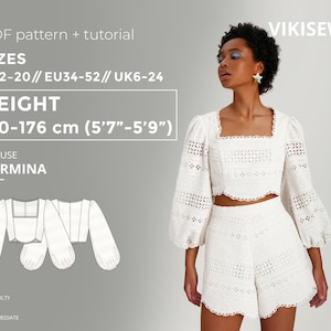 Peut inclure: Un chemisier blanc en crochet à manches longues et à col carré. Le chemisier est court et présente un ourlet festonné. Le motif comprend le texte "BLOUSE HERMINA" et "DIFFICULTY INTERMEDIATE".