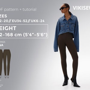 Puede incluir: Un patrón de costura digital para leggings, llamado ASNA, con una modelo que lleva los leggings y una chaqueta vaquera. El patrón es adecuado para principiantes e incluye las tallas US 2-20, EU 34-52 y UK 6-24. El patrón es para alturas de 162-168 cm (5'4"-5'6").