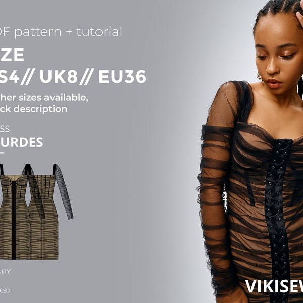 Lourdes dress pattern, corset dress pattern, formal slip dress pattern, pdf sewing pattern with tutorial size US 4 UK 8 EU 36