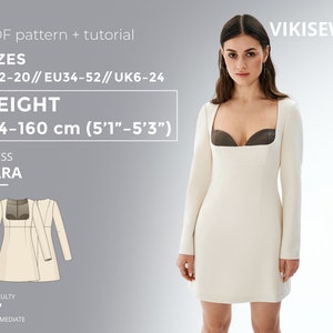 Peut inclure: Une robe blanche à col carré et manches longues. La robe est cintrée et courte. Le mannequin porte un soutien-gorge marron sous la robe. Le texte sur l'image indique "PDF pattern + tutorial", "SIZES US2-20//EU34-52// UK6-24", "HEIGHT 154-160 cm (5'1"-5'3")", "DRESS CARA", "DIFFICULTY INTERMEDIATE", et "VIKISEWS".