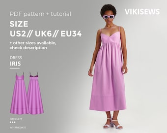 Iris dress digital pattern pdf sewing pattern with tutorial size US 2 UK 6 EU 34