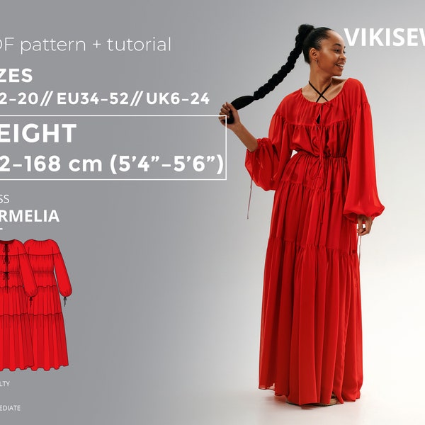 Carmelia Dress PDF sewing pattern with tutorial, size EU34-EU52 for 162-168 cm height