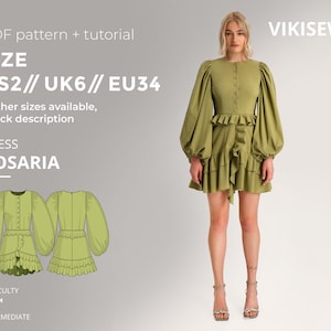 Rosaria dress digital pattern pdf sewing pattern with tutorial size US 2 UK 6 EU 34