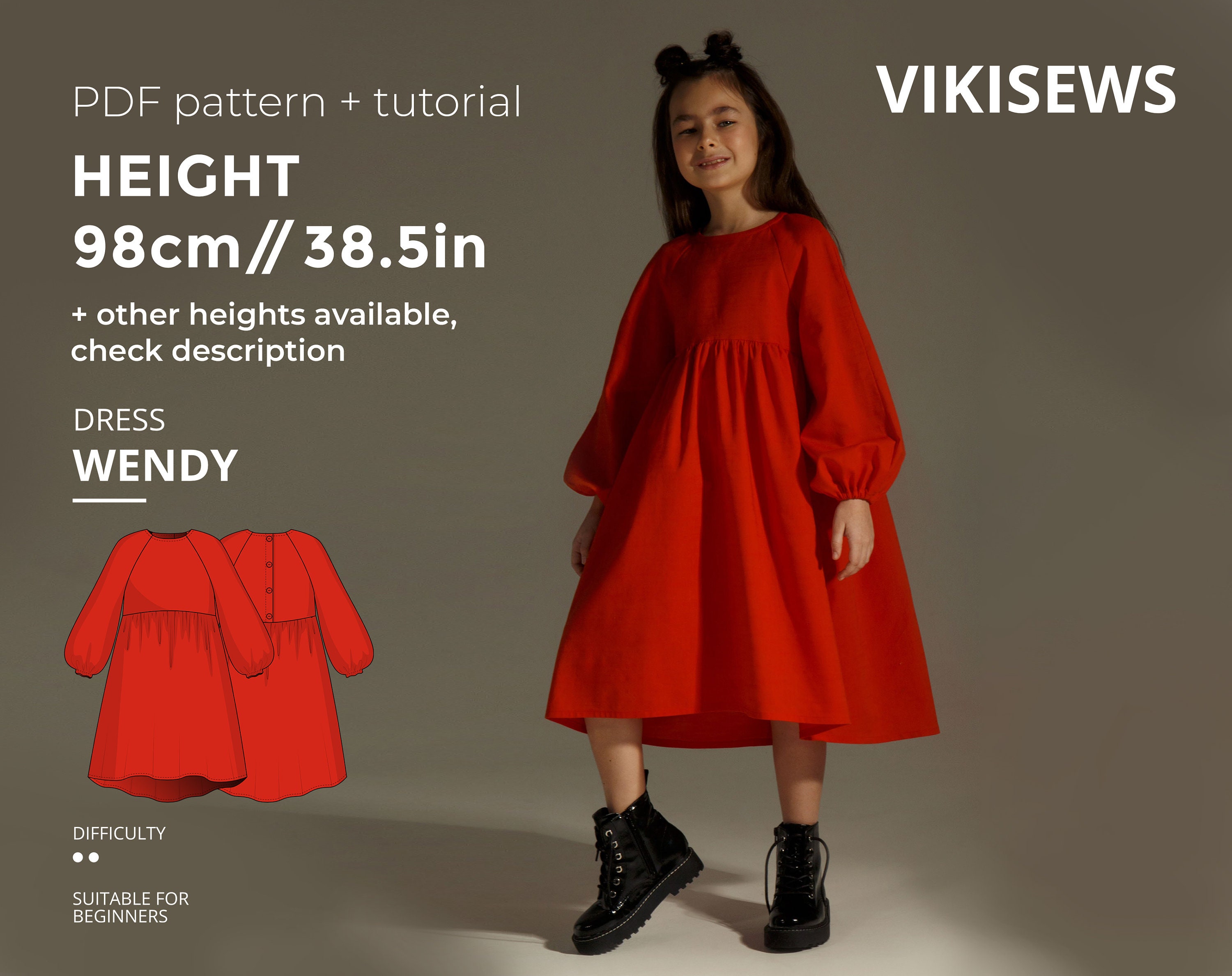Wendy Dress Pattern With Pdf Tutorial Height 38.5 in 98 Cm 