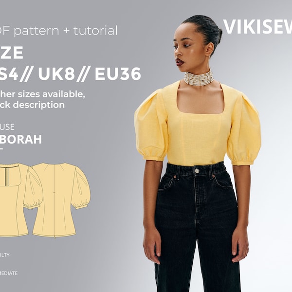 Deborah blouse with puffy sleeves sewing pattern with tutorial size US 4 UK 8 EU 36