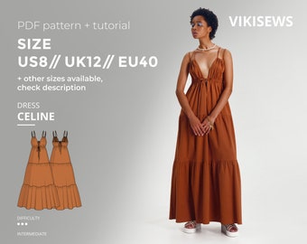 Patron numérique de robe Céline, patron de couture pdf avec tutoriel taille US 8 UK 12 EU 40