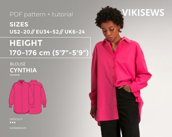 Cynthia blouse 170-176 height US sizes 2 - 20 pattern, sewing pattern with tutorial