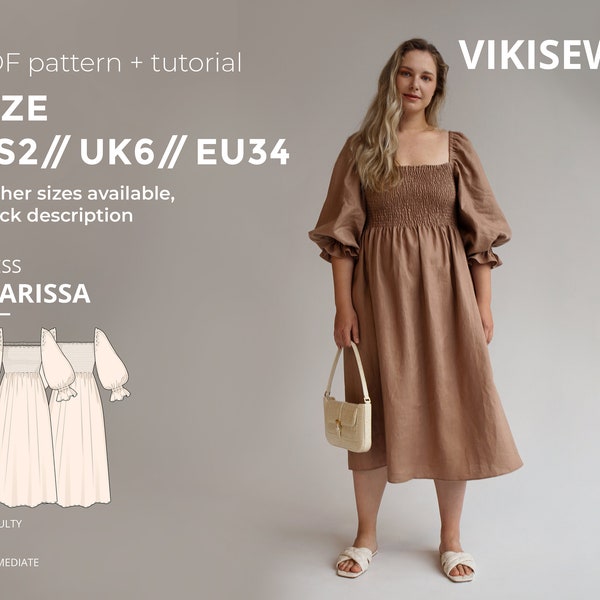 Clarissa shirred dress with voluminous sleeves sewing pattern with tutorial size US 2 UK 6 EU 34