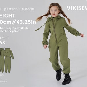 Max jumpsuit (girls) sewing pattern with tutorial height 43.25 in 110 cm