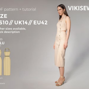 Close-Fitting Midi Dress Sewing Pattern with Tutorial Lulu Size US10 UK14 EU42, Sleeveless, Side Slit Dress, DIY Summer PDF Dress