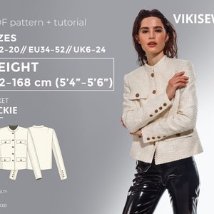 Jackie Jacket PDF sewing pattern with tutorial, size EU34-EU52 for 162-168 cm height