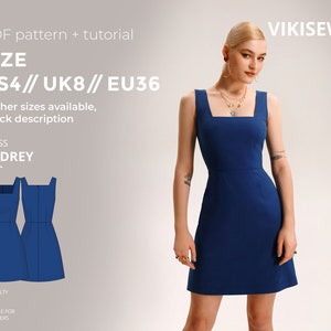 Pode incluir: Um vestido azul sem mangas com decote quadrado. O vestido é mostrado em uma modelo e está disponível nos tamanhos US4, UK8 e EU36. O vestido se chama "Audrey" e é adequado para iniciantes.