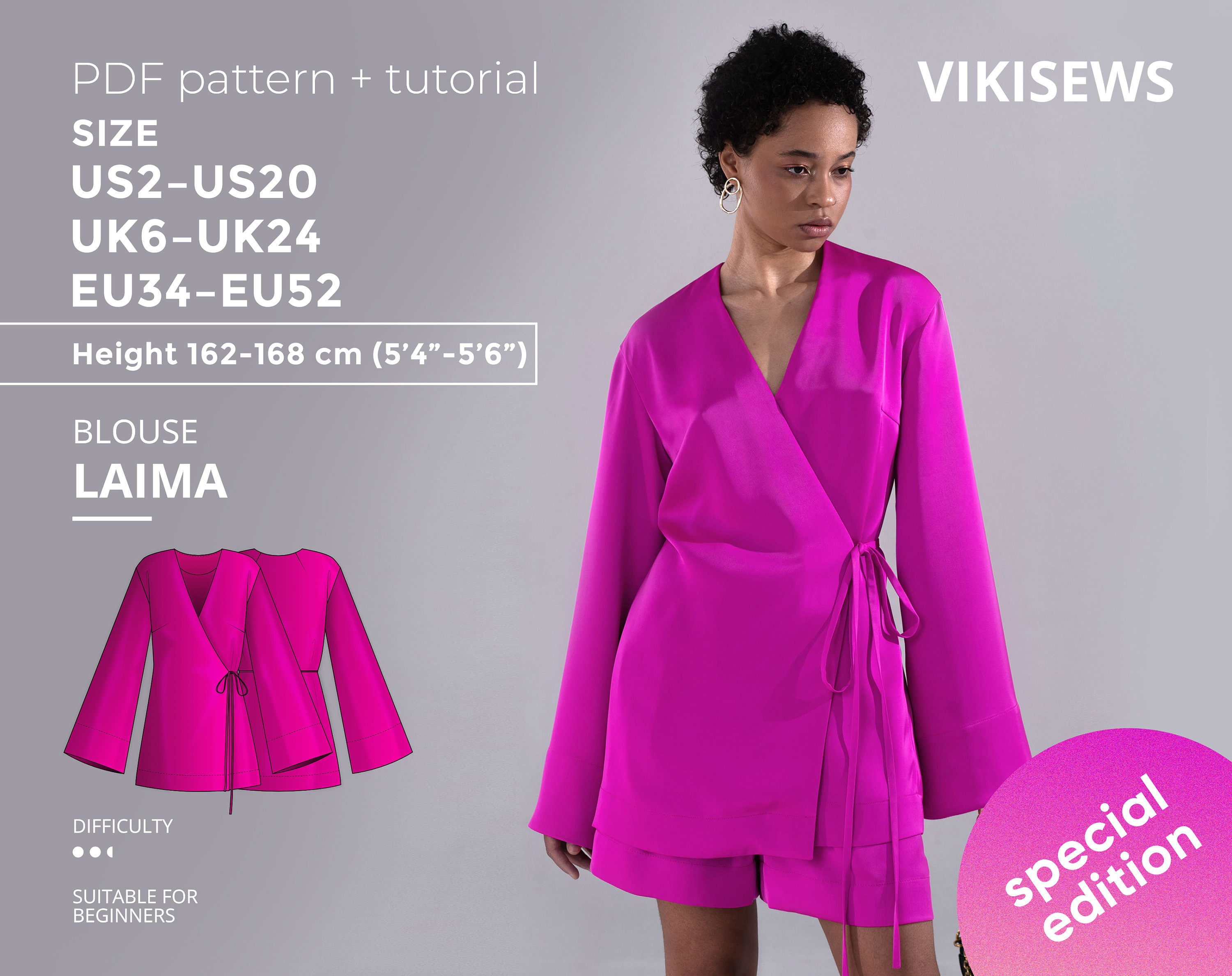 Laima blouse 162-168 height US size 2 - 20 sewing pattern with tutorial