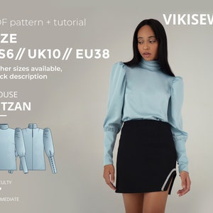 Puff Sleeve Blouse PDF Sewing Pattern Nitzan Size US6 UK10 EU38, Elegant Lantern Sleeve Design